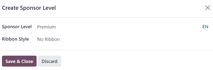 La ventana emergente Crear nivel de patrocinador que aparece en la aplicación Eventos de Nexovate.