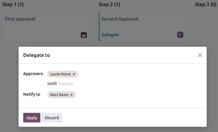 Captura de pantalla del cuadro de diálogo para delegar.