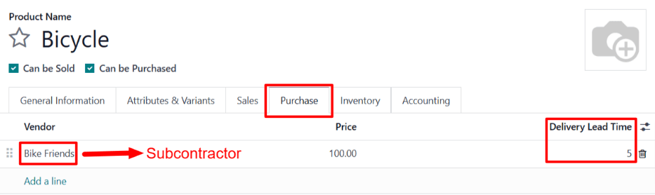 El campo Plazo de entrega para un subcontratista, en la pestaña Compra de la página de un producto.