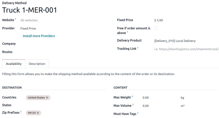 Formulario de método de entrega.