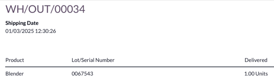 La sección de líneas de la orden de un recibo de entrega donde se muestra un producto y su número de serie.