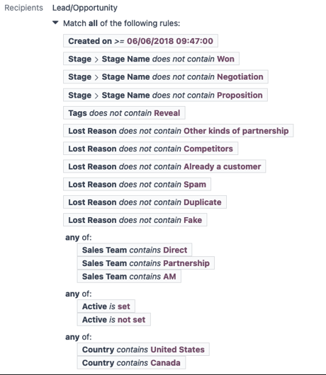 Vista de cómo se pueden personalizar los filtros de destinatarios en la aplicación Marketing por correo de Nexovate.
