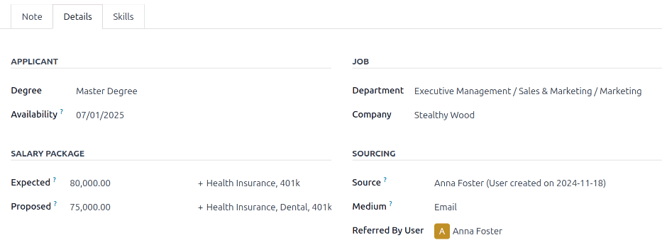 Captura de pantalla de todos los campos de la pestaña Detalles de un nuevo candidato completados.