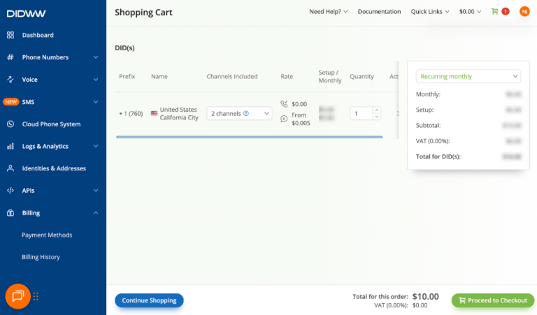 El tablero de compras de DIDWW.