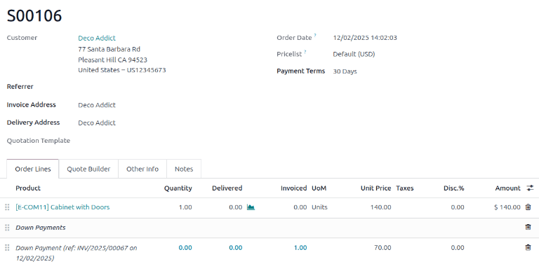 La sección de anticipos en la pestaña de las líneas de la orden en la orden de ventas.