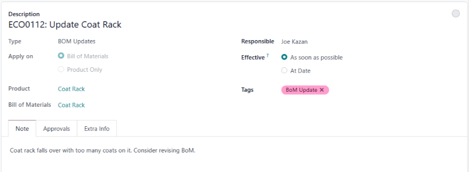 Una orden de cambio de ingeniería creada para actualizar la lista de materiales del perchero.