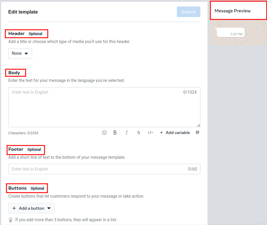 Imagen donde se edita la plantilla con las opciones encabezado, cuerpo, pie de página y los botones.
