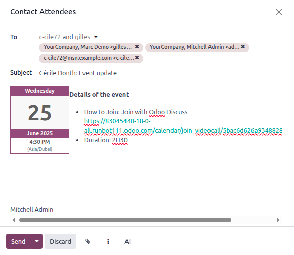 Ingrese la información para enviar el evento por correo electrónico.