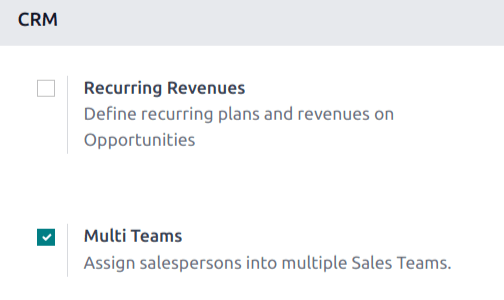 La página de ajustes de la aplicación CRM con la función Varios equipos habilitada.
