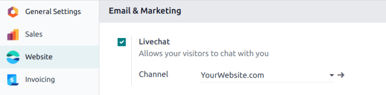 Vista de la página de ajustes y de la función de chat en vivo para Chat en vivo en Nexovate.  