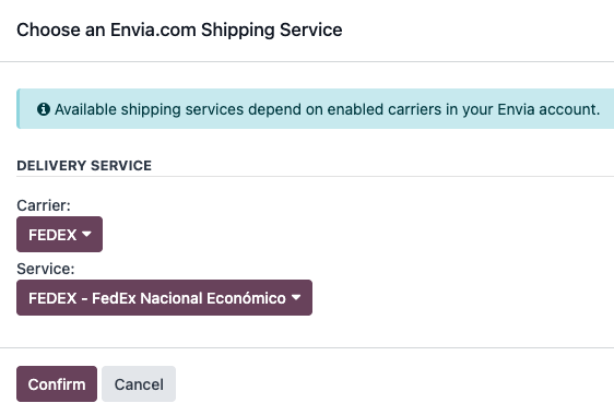 Ventana emergente de transportistas de Envia.com y servicios.