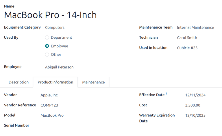 Un formulario duplicado con todos los campos completados, a excepción del número de serie.