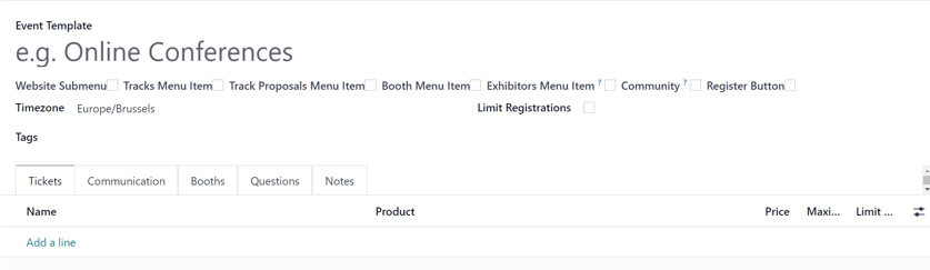 Una plantilla de evento estándar en la aplicación Eventos de Nexovate.