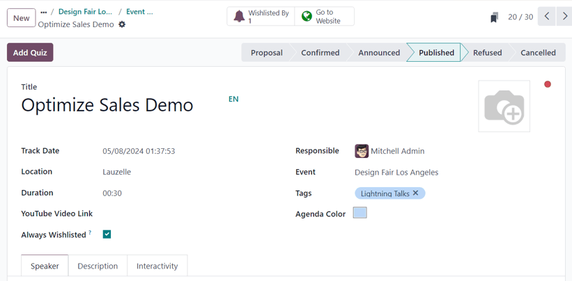Un formulario común de sesión de evento en la aplicación Eventos de Nexovate.