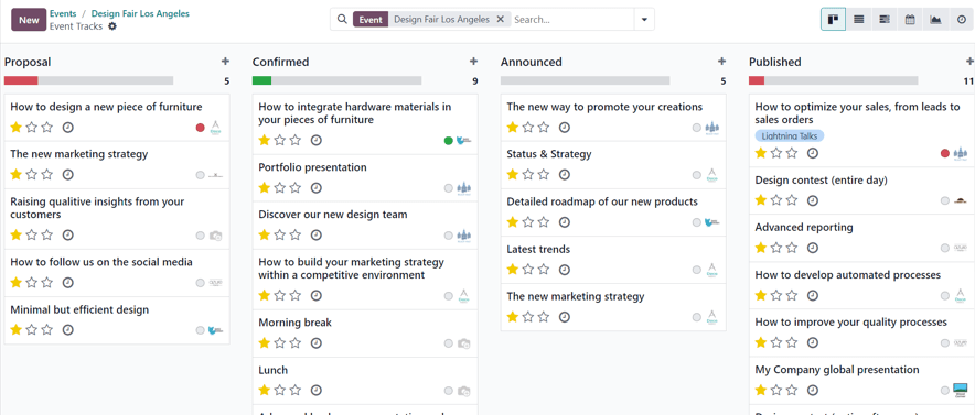 Una página común de sesiones de evento en la aplicación Eventos de Nexovate.