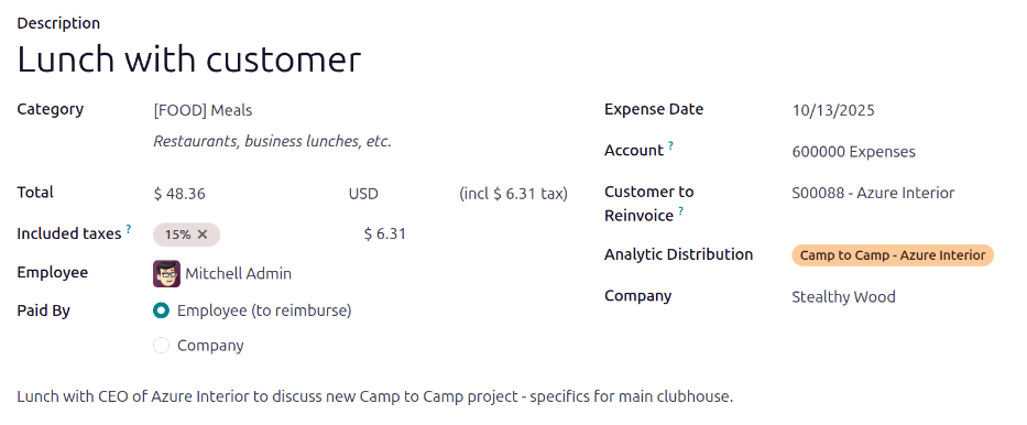 Un formulario de gastos completado para la comida de un cliente.