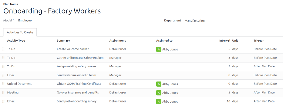 Captura de pantalla de un plan de integración configurado para trabajadores de la fábrica.