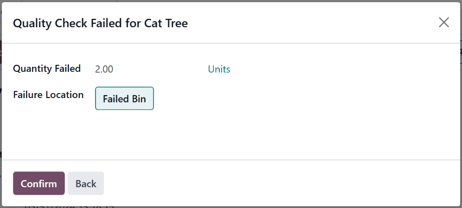 La ventana emergente que aparece después de que un control de calidad falla.