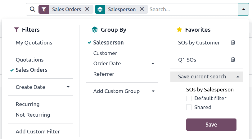 Guardar una búsqueda en favoritos en el reporte de análisis de ventas.