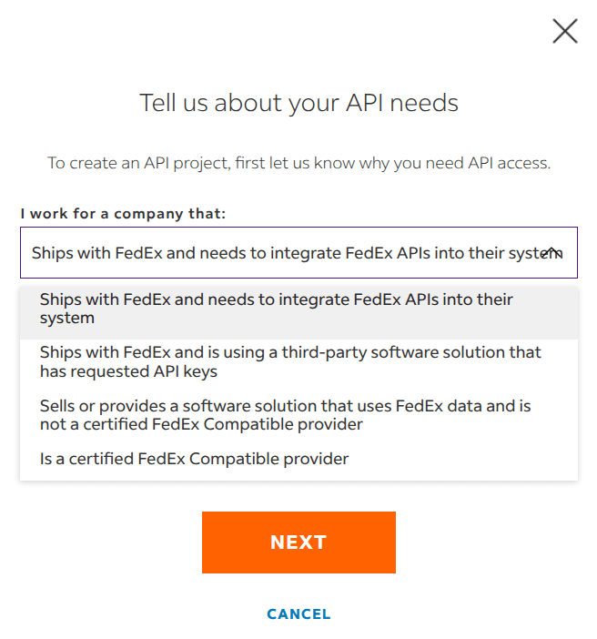 Captura de pantalla de la ventana emergente en el sitio web de FedEx para seleccionar las necesidades de API.