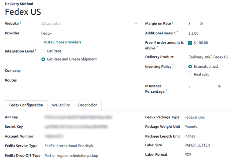 Captura de pantalla del formulario para un método de entrega de FedEx.