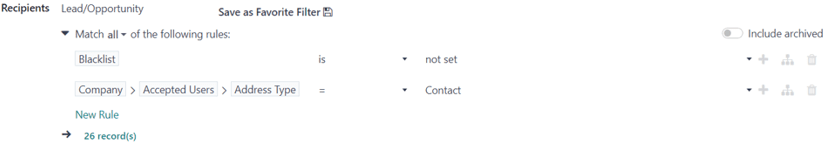 Vista de cómo se pueden personalizar los filtros de destinatarios en la aplicación Marketing por correo de Nexovate.
