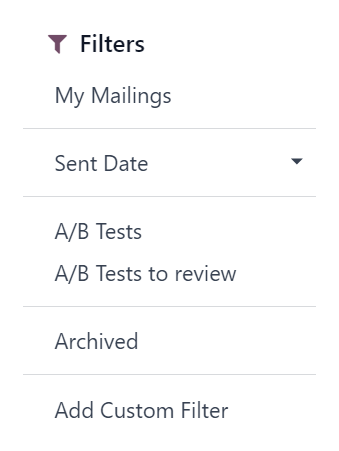 Imagen de las opciones en el menú desplegable de filtros en el tablero de Marketing por correo de Nexovate.