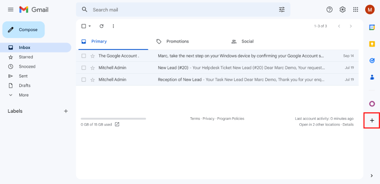 Icono del signo de más en el panel lateral de la bandeja de entrada de Gmail.