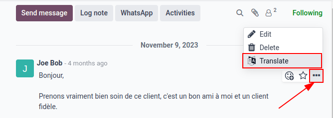 La opción de Traductor de Google en el chatter de una base de datos de Nexovate.