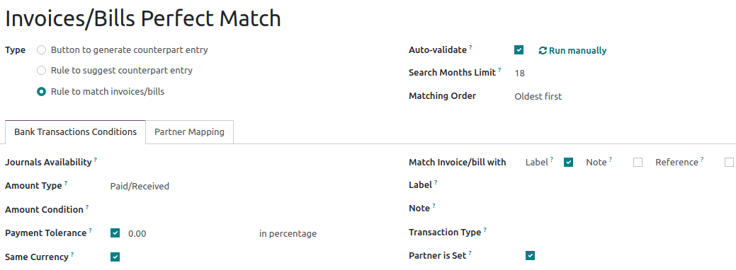 Captura de pantalla de reglas específicas para activar la conciliación.