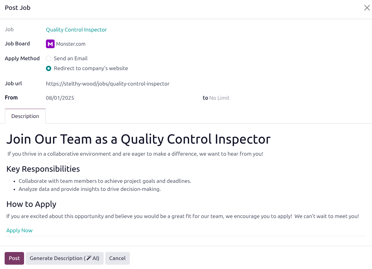 Un formulario de publicación en bolsa de trabajo completado.