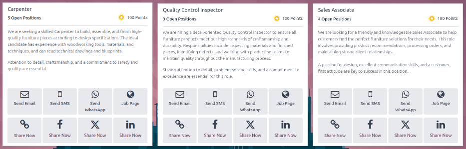 Captura de pantalla de la pantalla Ver vacantes donde se ven todas las vacantes activas. Toda la información se muestra en la tarjeta.