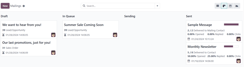 Vista de kanban del tablero principal de la aplicación Marketing por correo de Nexovate.