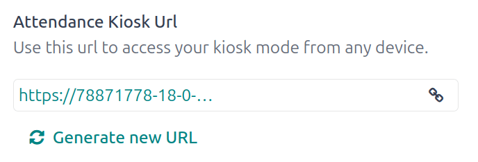 El campo URL del quiosco de asistencia en la sección de ajustes de la aplicación Asistencias.