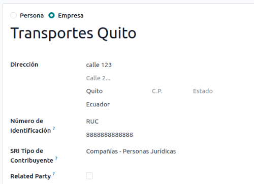 Captura de pantalla de la configuración del contacto del transportista