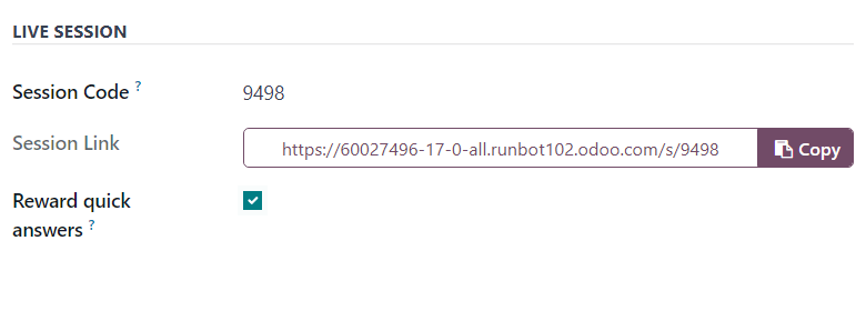 La sección de sesión en vivo de la pestaña Opciones en un formulario de encuesta en la aplicación Encuestas de Nexovate.