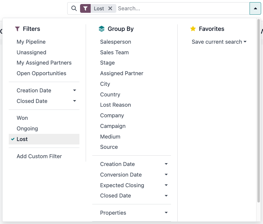 Barra de búsqueda con el filtro de oportunidades perdidas resaltado.