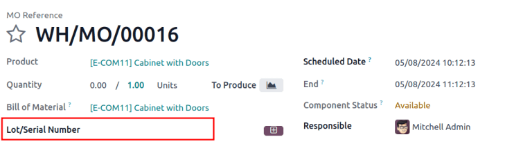 Campo "Número de serie o lote" en la orden de fabricación.