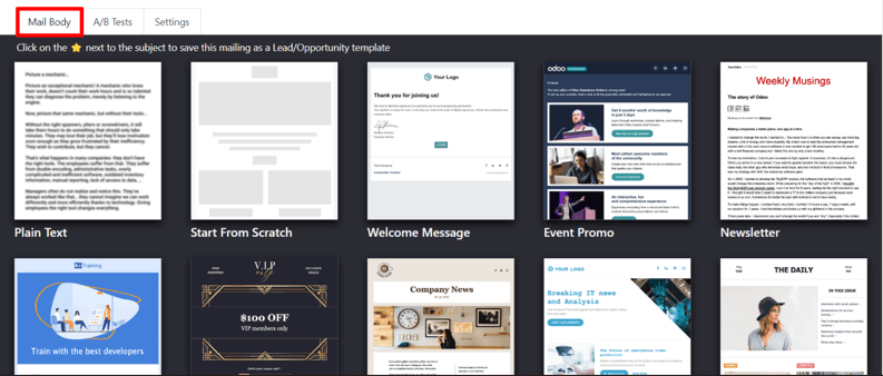 Vista de las plantillas en la pestaña Cuerpo del correo en la aplicación Marketing por correo de Nexovate.
