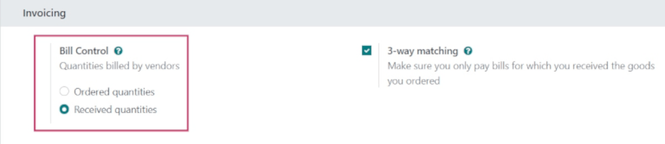 Política de control de facturas en los ajustes de la aplicación Compras.