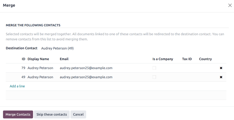 Captura de pantalla de la ventana emergente de fusión en la aplicación Contactos.