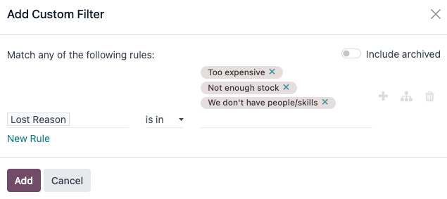 Ventana emergente de agregar un filtro personalizado con los motivos de pérdida seleccionados.