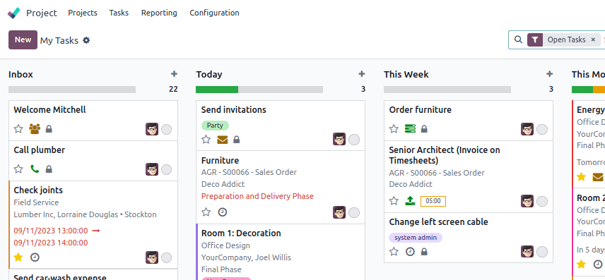 Ejemplo de un flujo de "Mis tareas" en la aplicación Proyecto.