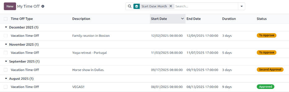 Captura de pantalla de la vista de lista de Mi tiempo con todas las solicitudes.