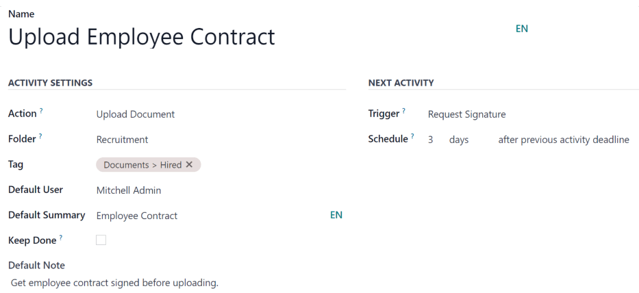 Captura de pantalla de un formulario de nueva Actividad con todos los campos llenos.