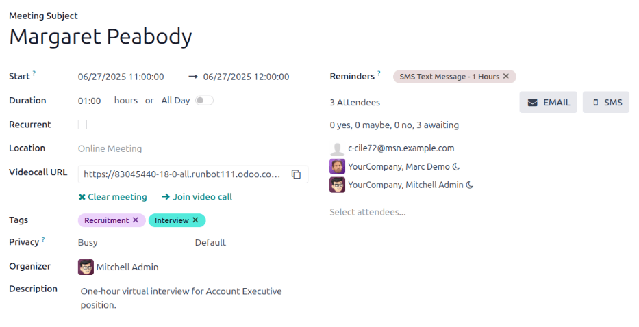 Una nueva tarjeta de reunión con todos los campos llenos y lista para guardar.