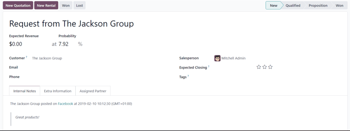 Nuevo formulario de detalles de un lead creado a partir de un comentario en redes sociales en la aplicación Redes sociales de Nexovate.