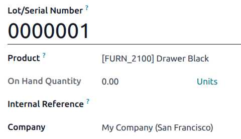Nuevo formulario de creación de número de lote con un producto asignado.
