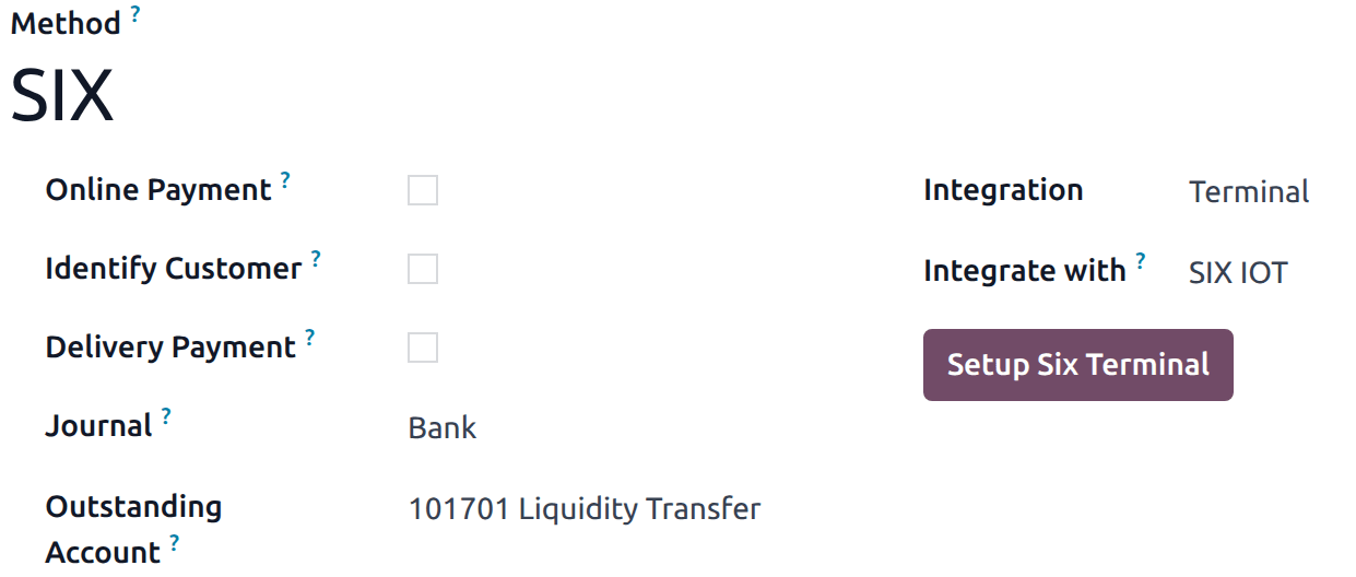 Creación de un nuevo método de pago para la terminal de pago SIX