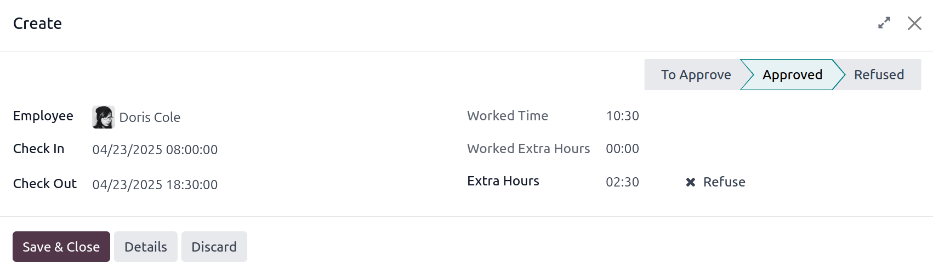 Captura de pantalla de un formulario de registro de la aplicación Asistencias con la información de Doris Cole para el 23 de abril de 2025.